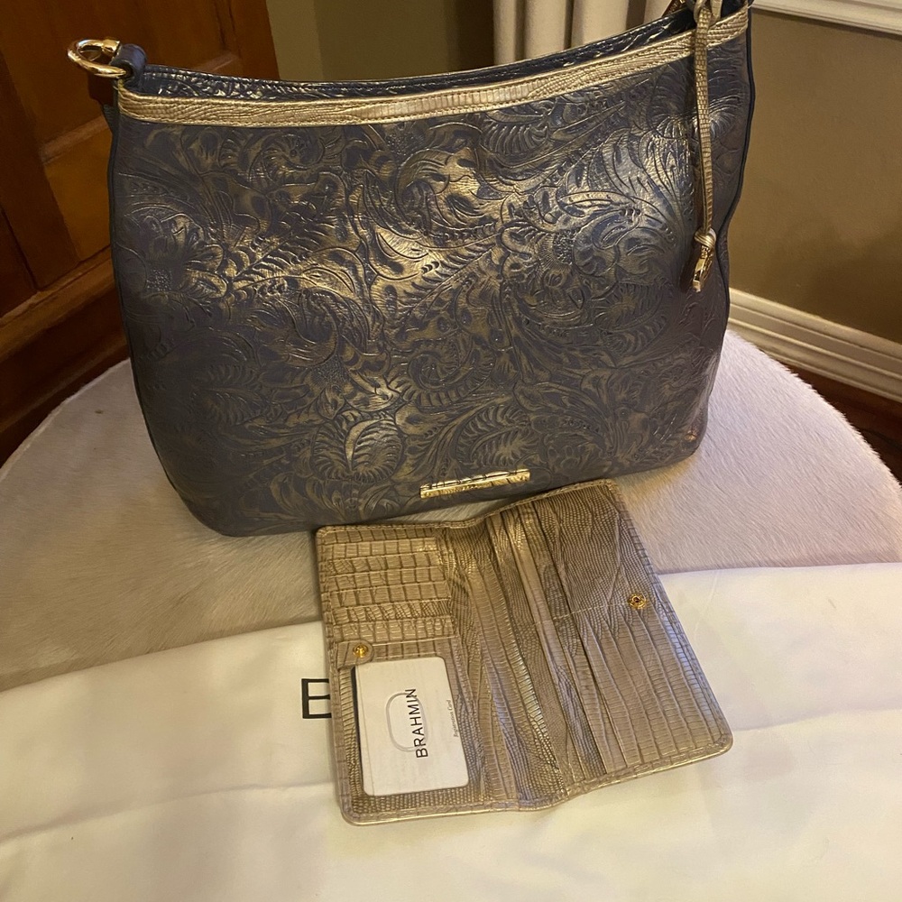Brahmin Blue Bronze Floral Embossed wallet only. Matching bag sold separately - Picture 2 of 4